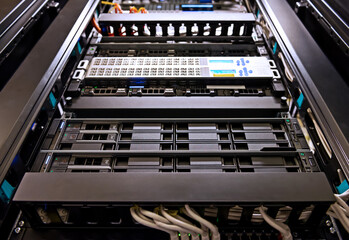 closeup of data center hardware - front side of server
