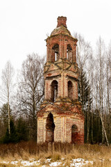 Abandoned three-tiered Orthodox bell tower, Church of the Holy Trinity in Troitsa-Zazharye, Russia, Kostroma region