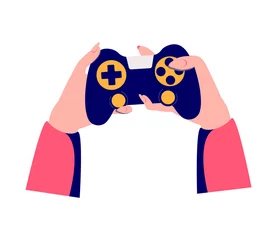 Fotobehang Woman Holding Gamepad. Female Hands with Joystick Console. Video Game. Vector illustration © Anastasiia