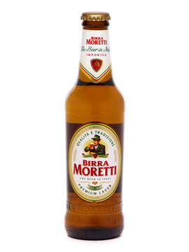 BUCHAREST, ROMANIA - AUGUST 4, 2015. Bottle of Birra Moretti, Premium Lager Beer. Birra Moretti is a quality beer made in the traditional way