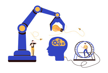 Business concept vector illustration, network connection, brainstorming, light bulb lights up as a creative idea, brain charging