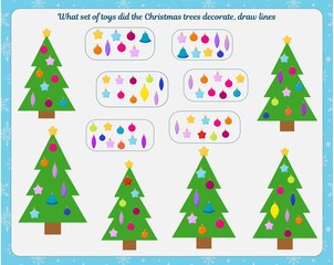Naklejka premium Logic game for children. Development of attention, thinking. Find what set of toys you have decorated the Christmas tree