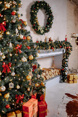 Christmas, New Year interior with red brick wall background, decorated fir tree with garlands and balls, dark drawer and deer figure