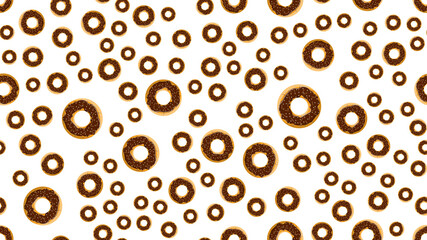 Seamless pattern, texture of round sweet tasty hearty hot fresh donuts, pastries, sugar-coated cookies in brown chocolate confectionery glaze on a white background. illustration