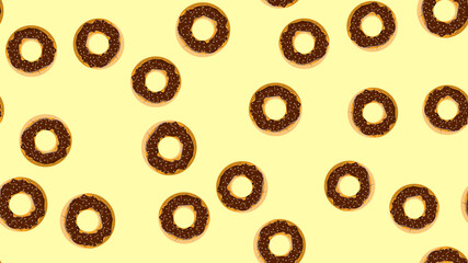 Seamless pattern, texture from round sweet tasty nourishing hot fresh donuts, pastries, sugar-coated cookies in brown chocolate confectionery glaze on a yellow background. illustration