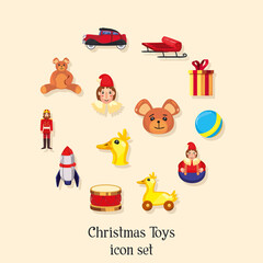 merry christmas toys icon collection in circle shape vector design