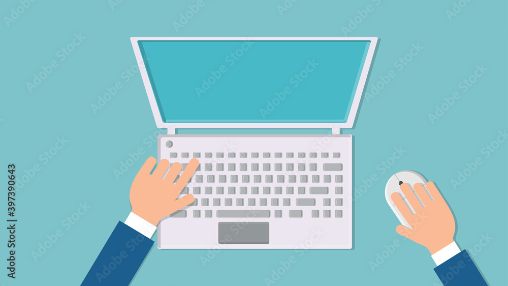 Poster illustration of a man working with his hands on a laptop computer with a mouse and keyboard on a blu