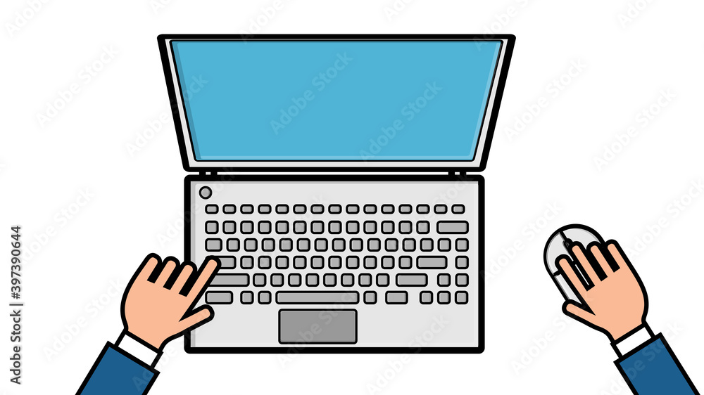 Poster illustration of a man working with his hands on a computer laptop with a mouse and keyboard on a whi