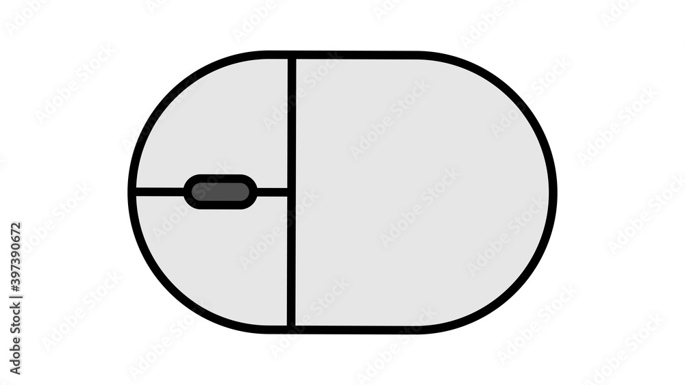 Poster illustration of a linear white flat icon digital wireless computer mouse with buttons and wheel on a