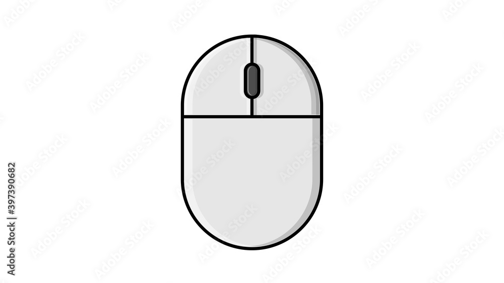 Aufkleber illustration of a linear white flat icon of a digital wireless computer mouse with buttons and wheel