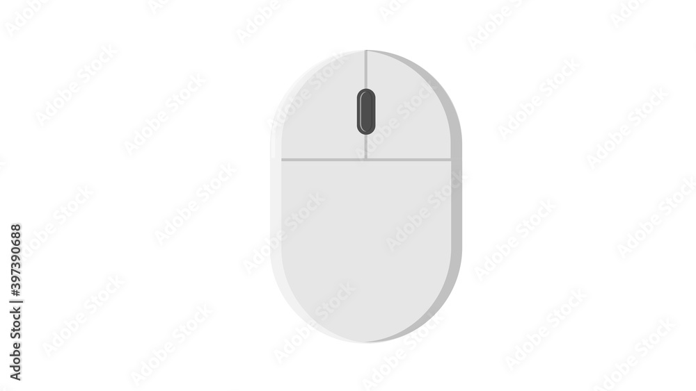 Poster illustration of a white flat icon digital wireless computer mouse with buttons and wheel on a white 