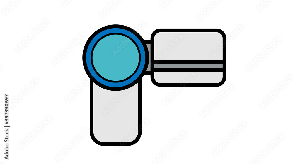 Poster illustration of a linear color flat icon digital video camera with a retractable screen for video fi