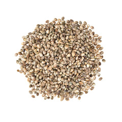 Pile of hemp seeds seen directly from above and isolated on white background 