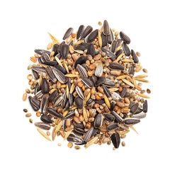 Pile of mixed bird seeds seen directly from above and isolated on white background