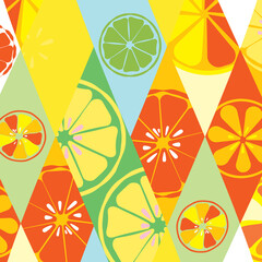 Yellow summer texture with a pattern of lemons limes oranges citrus fresh fruit vitamin tropical tasty sweet on a background of rhombuses for wallpaper on the kitchen. illustration