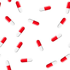 Medical seamless pattern, texture of red and white medicinal oval pharmaceutical beautiful tablets, capsules, vitamins, drugs, antibiotics isolated on a white background. Concept: health care