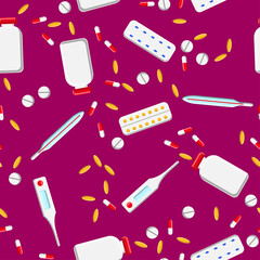 Medical seamless pattern, texture of medicinal pharmaceutical pills, cans, capsules, vitamins, drugs, plates, antibiotics, fish oil, thermometer isolated on a purple background. Concept: health care
