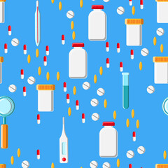 Medical seamless pattern, the texture of pharmaceutical tablets, cans, capsules, vitamins, drugs, plates, fish oil, thermometer, magnifier and flasks on a blue background. Concept: health care