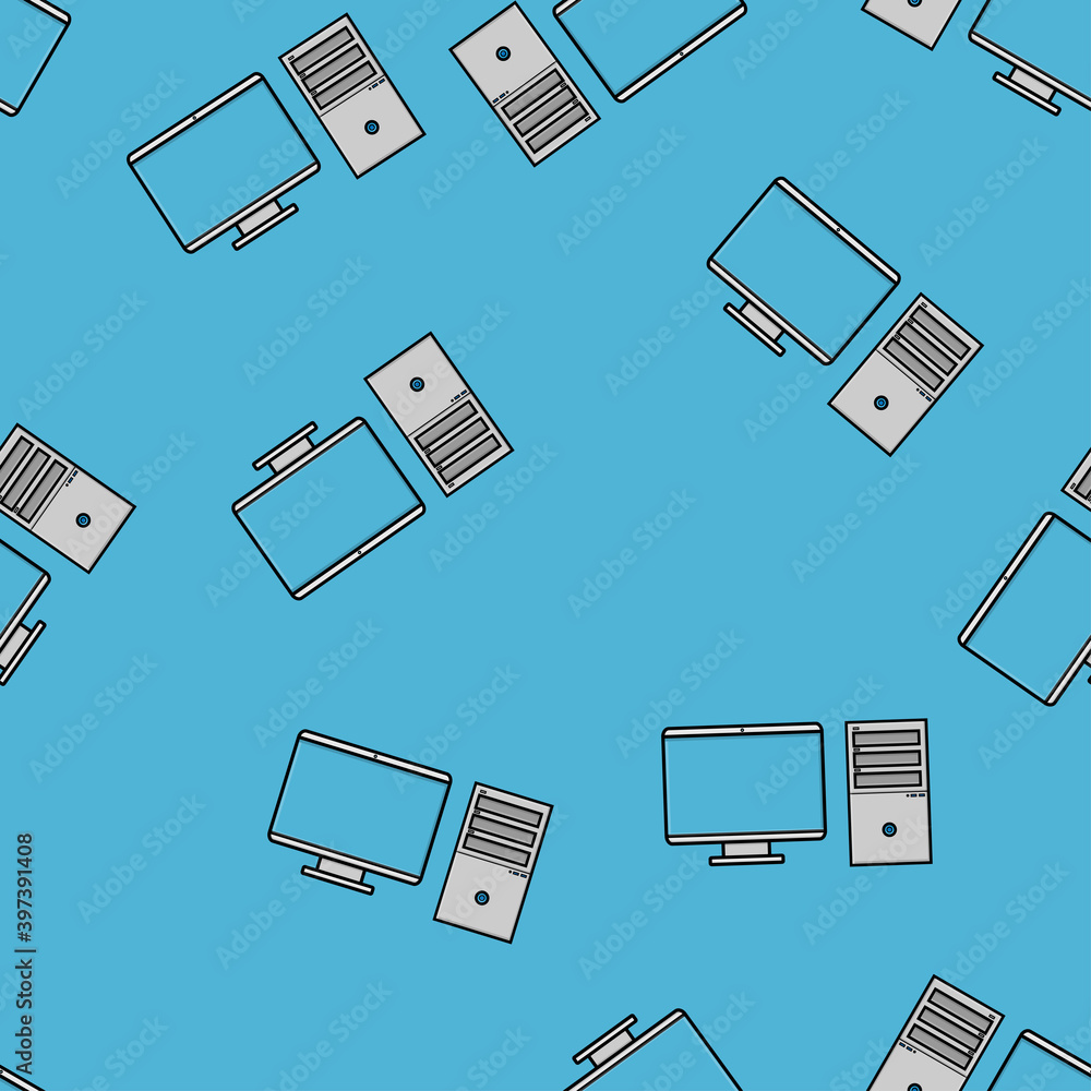 Poster seamless pattern, texture of modern powerful digital office computers with a monitor and a rectangul