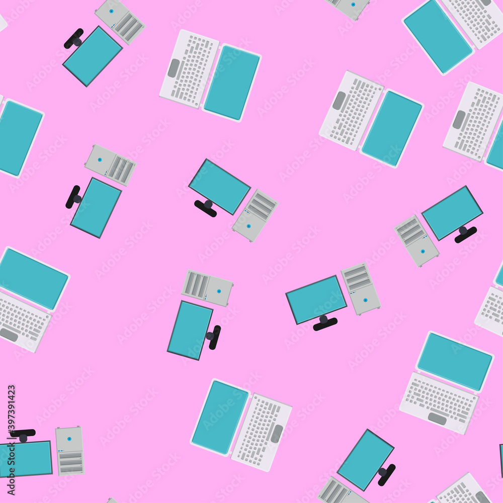 Poster seamless pattern, texture of modern powerful digital laptops and office computers with a monitor and