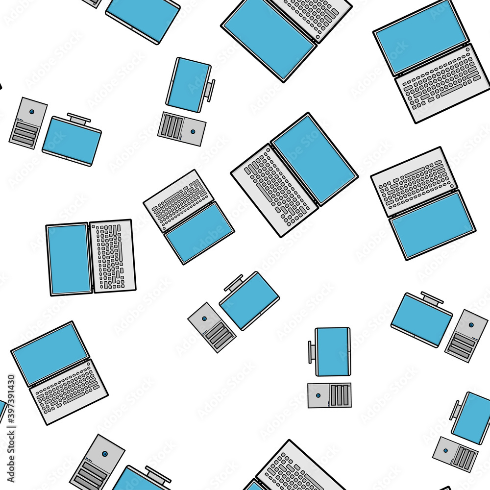 Poster seamless pattern, texture of modern powerful digital laptops and office computers with a monitor and