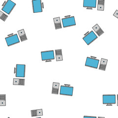 Seamless pattern, texture of modern powerful digital office computers with a monitor and a rectangular system unit, technology isolated on a white background