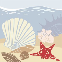 Banner with decorative seashell on the bottom of the sea. Poster concept about travel, adventure, diving, recreation and relaxation. Underwater world. Marine spa and meditation. Vector illustration
