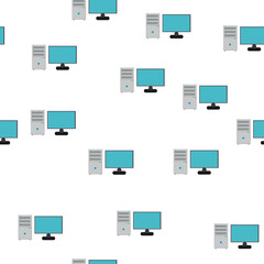 Seamless pattern, texture of modern powerful digital office computers with a monitor and a rectangular system unit, technology isolated on a white background