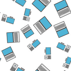 Seamless pattern, texture of modern powerful digital laptops and office computers with a monitor and a rectangular system unit, technology isolated on a white background