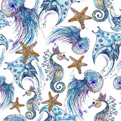 Watercolor and ink sketc Pattern with Sea Animals