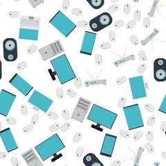 Seamless pattern, texture from modern digital devices, gadgets, tablets, smartphones, mice, speakers, monitors, laptops, routers for internet, computer equipment on a white background. 