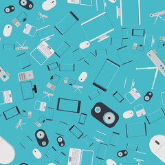 Seamless pattern, texture from modern digital devices, gadgets, tablets, smartphones, mice, speakers, monitors, laptops, routers for internet, computer equipment on a blue background.