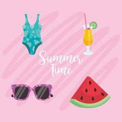 Summer time icon set on pink background vector design