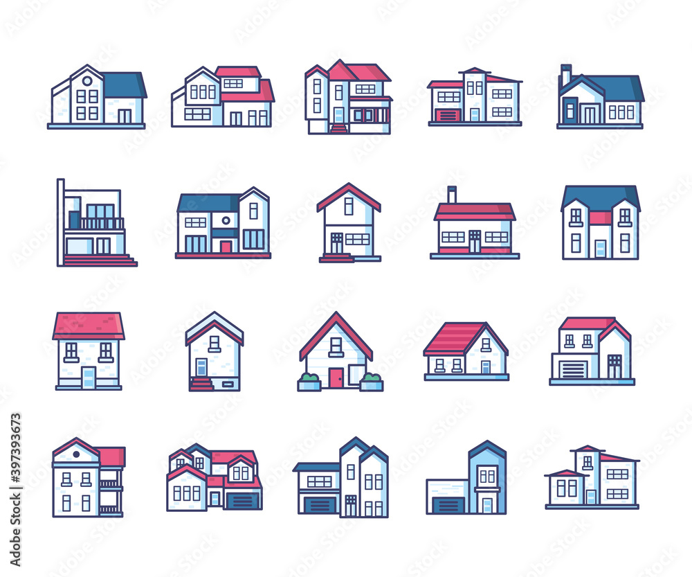 Poster house line and fill style icons bundle vector design