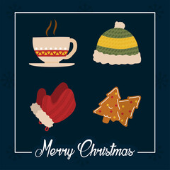 merry christmas cup hat gloves and cookies vector design