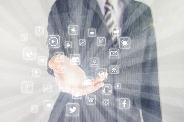 Businessman on blurred background using tech devices ,network connection, international meaning