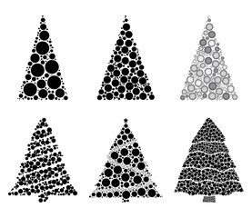 Abstract christmas tree silhouettes made from many dots collection. Set of fir tree made with black circles. Good for retro or vintage xmas card, banner or invitation. Vector illustration on white.