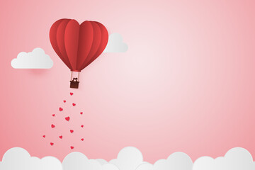 Paper Style love of valentine day , balloon flying over cloud with heart float on the sky, couple honeymoon with copy space , vector illustration background