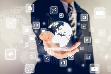 A business man holding global network connection and data exchanges worldwide ,communication and technology concept