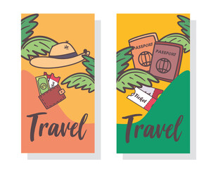 travel hat wallet and passports labels vector design