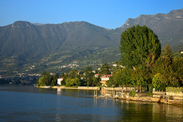 Fototapeta na wymiar The small town Sulzano at Lago d'Iseo. Brescia, Lombardy, Italy.