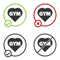 Black Fitness gym heart icon isolated on white background. I love fitness. Circle button. Vector.