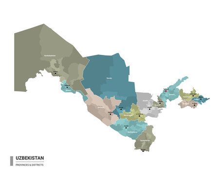 Uzbekistan higt detailed map with subdivisions. Administrative map of Uzbekistan with districts and cities name, colored by states and administrative districts. Vector illustration.