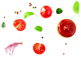 Ketchup or tomato sauce ingredients on white background, top view