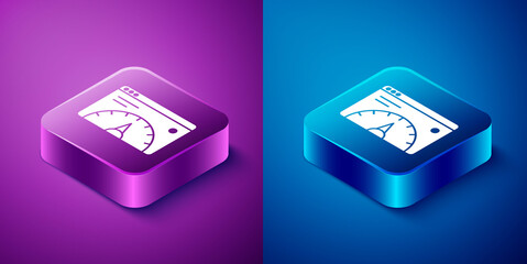 Isometric Web analytics information and development website statistic icon isolated on blue and purple background. Analysis, management, marketing, research. Square button. Vector.