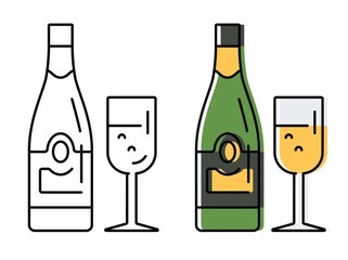 bottle of champagne. sparkling wine in a glass. vector alcohol icons in flat style