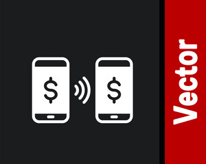 White Money payment transfer in mobile icon isolated on black background. Concept of fast pay by purchase. Sending and receiving money. Vector.