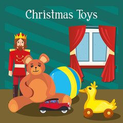 merry christmas toys teddy prince ball car and duck vector design