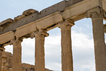 Beautiful ancient marble columns in Acropolis temple, Athens, Greece