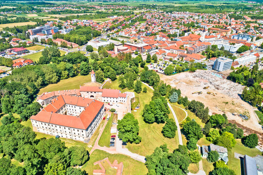 Cakovec and old town of Zrinski in green park aerial view